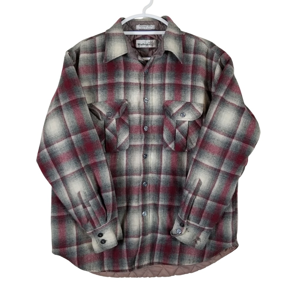 VTG Windbreaker Mens Quilted Flannel Shirt Jacket Wool Blend Plaid Red Grey Sz L